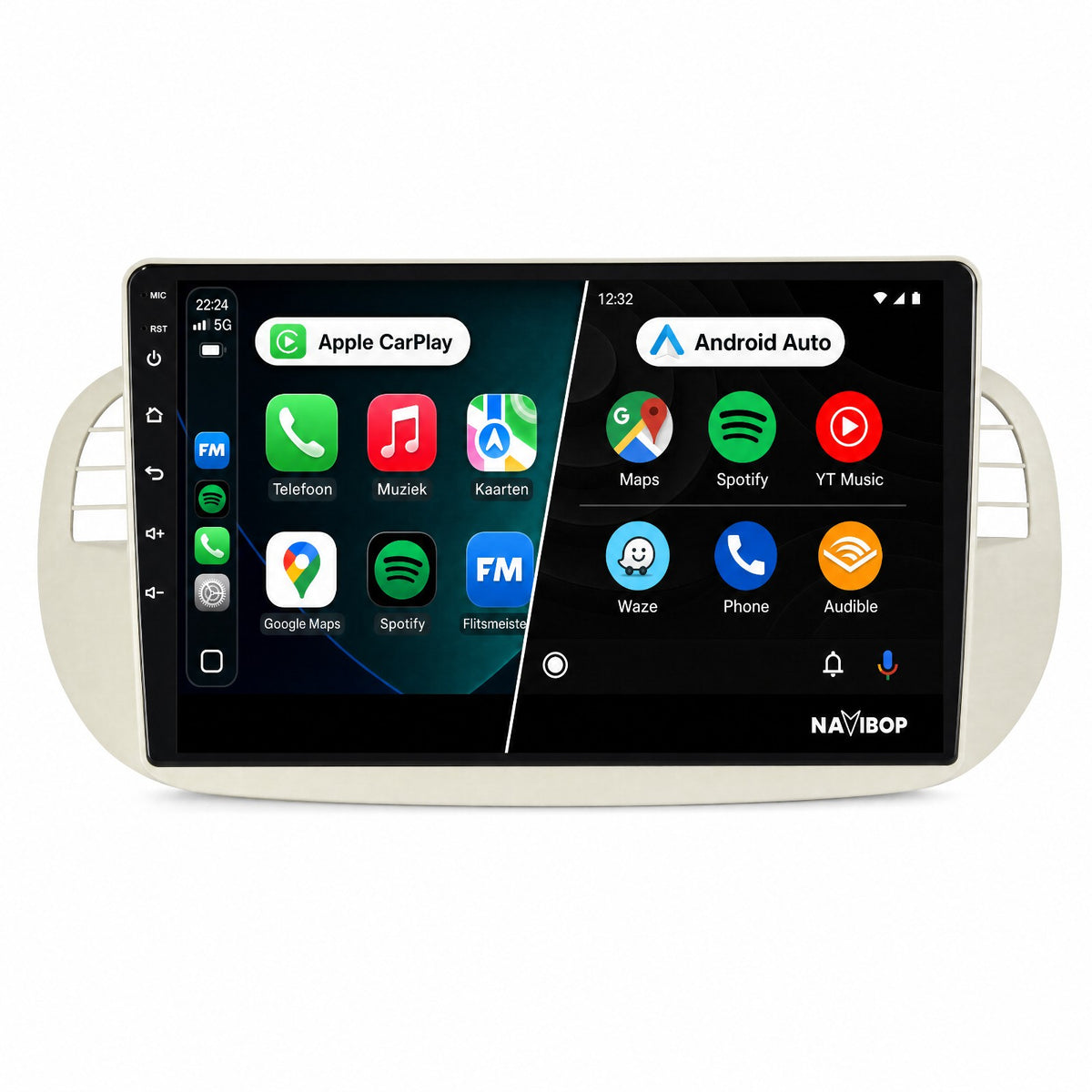 Fiat 500 Beige | Autoradio | Draadloos CarPlay & Android Auto | Android 15 | 2005 t/m 2017