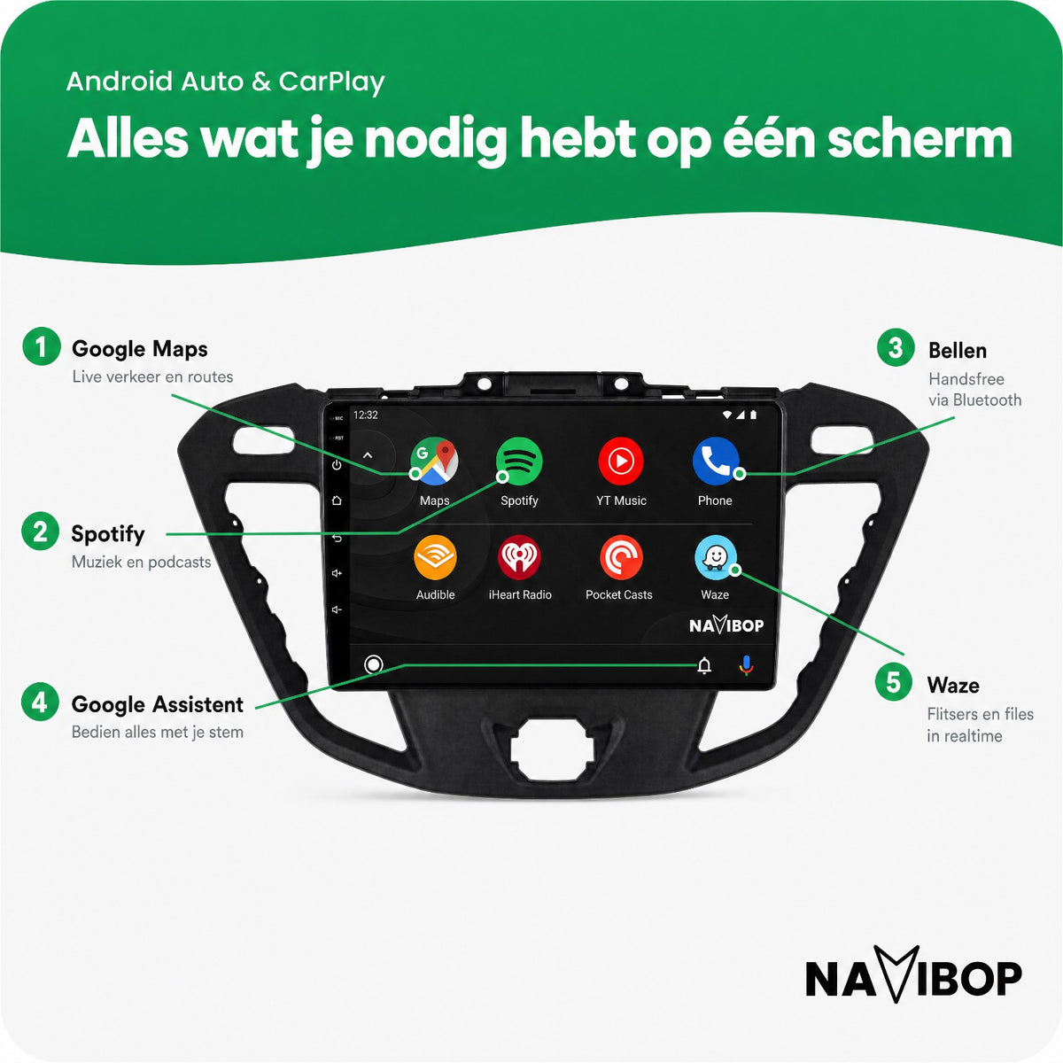 Ford Transit Custom | Autoradio | Draadloos CarPlay & Android Auto | Android 15 | 2012 t/m 2021