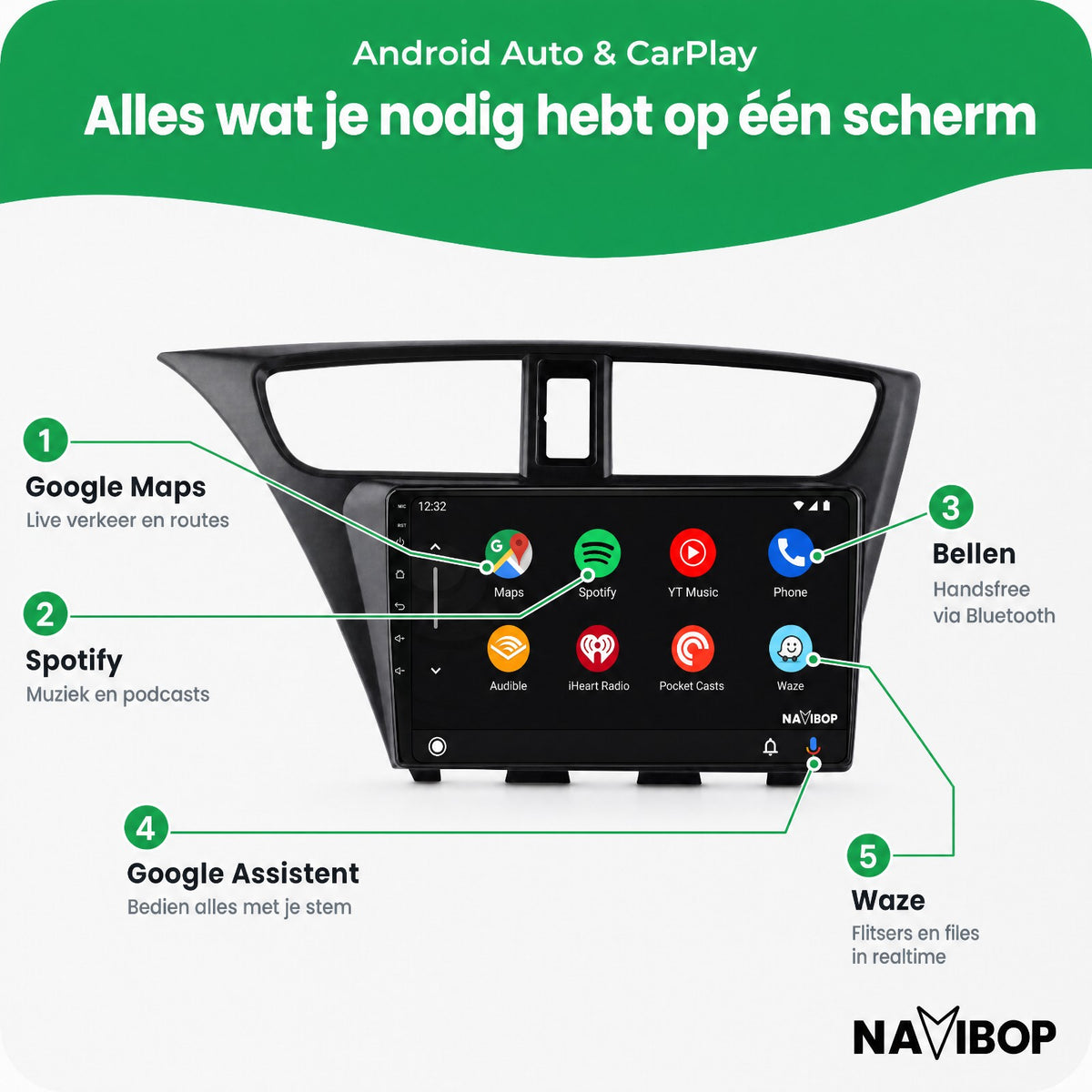 Honda Civic | Autoradio | Draadloos CarPlay & Android Auto | Android 15 | 2012 t/m 2016
