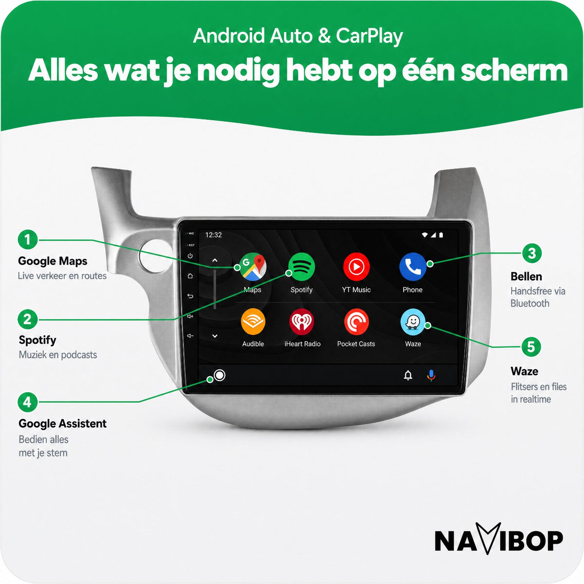 Honda Jazz Fit Zilver | Autoradio | Draadloos CarPlay & Android Auto | Android 15 | 2007 t/m 2015