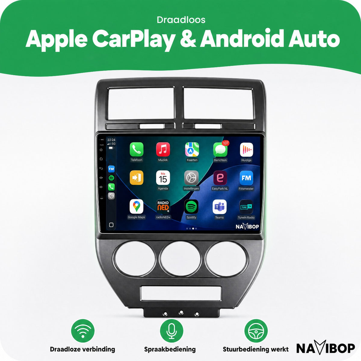 Jeep Compass Donker Grijs | Autoradio | Draadloos CarPlay & Android Auto | Android 15 | 2006 t/m 2010