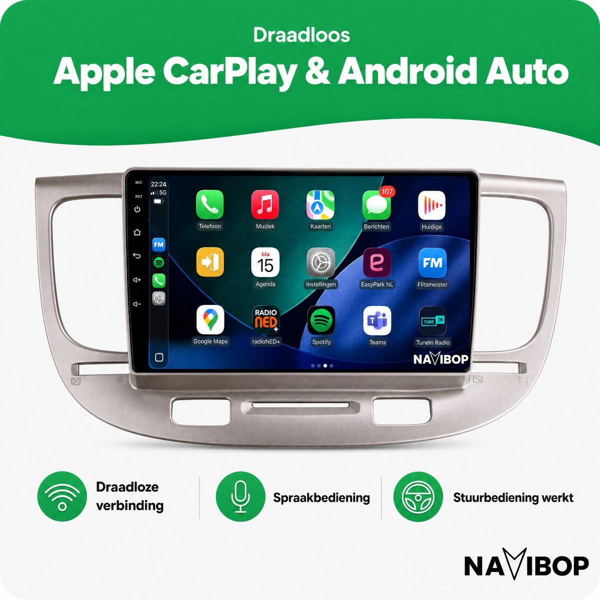 Kia Rio Zilver | Autoradio | Draadloos CarPlay & Android Auto | Android 15 | 2005 t/m 2011