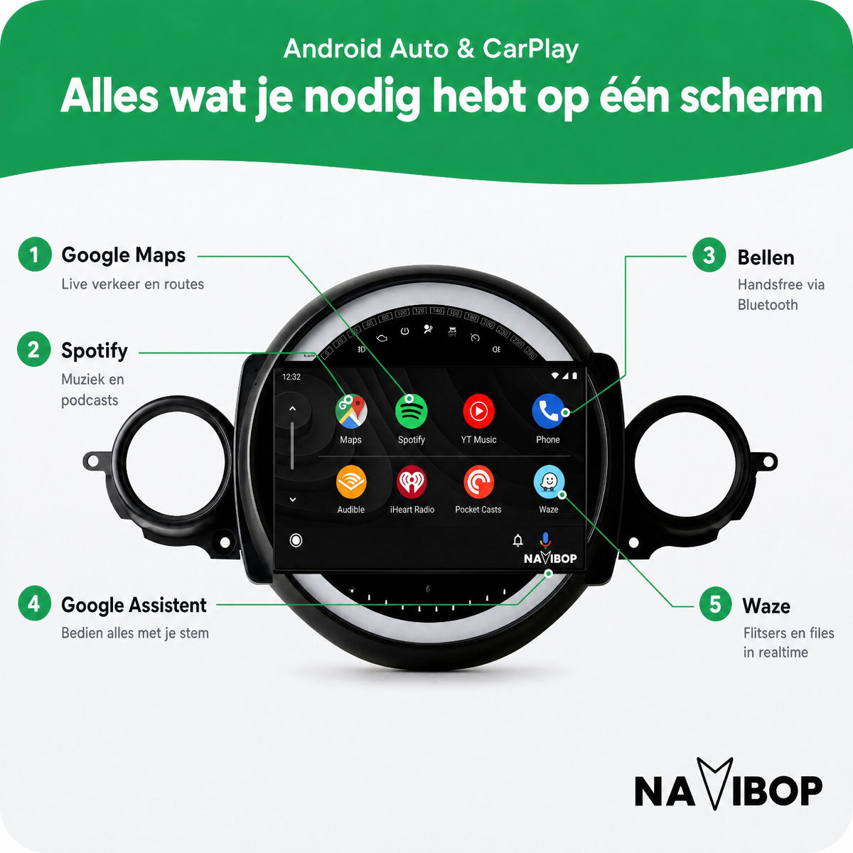 MINI Cooper Flaporen Midden R56 R60 | Autoradio | Draadloos CarPlay & Android Auto | Android 15 | 2006 t/m 2017