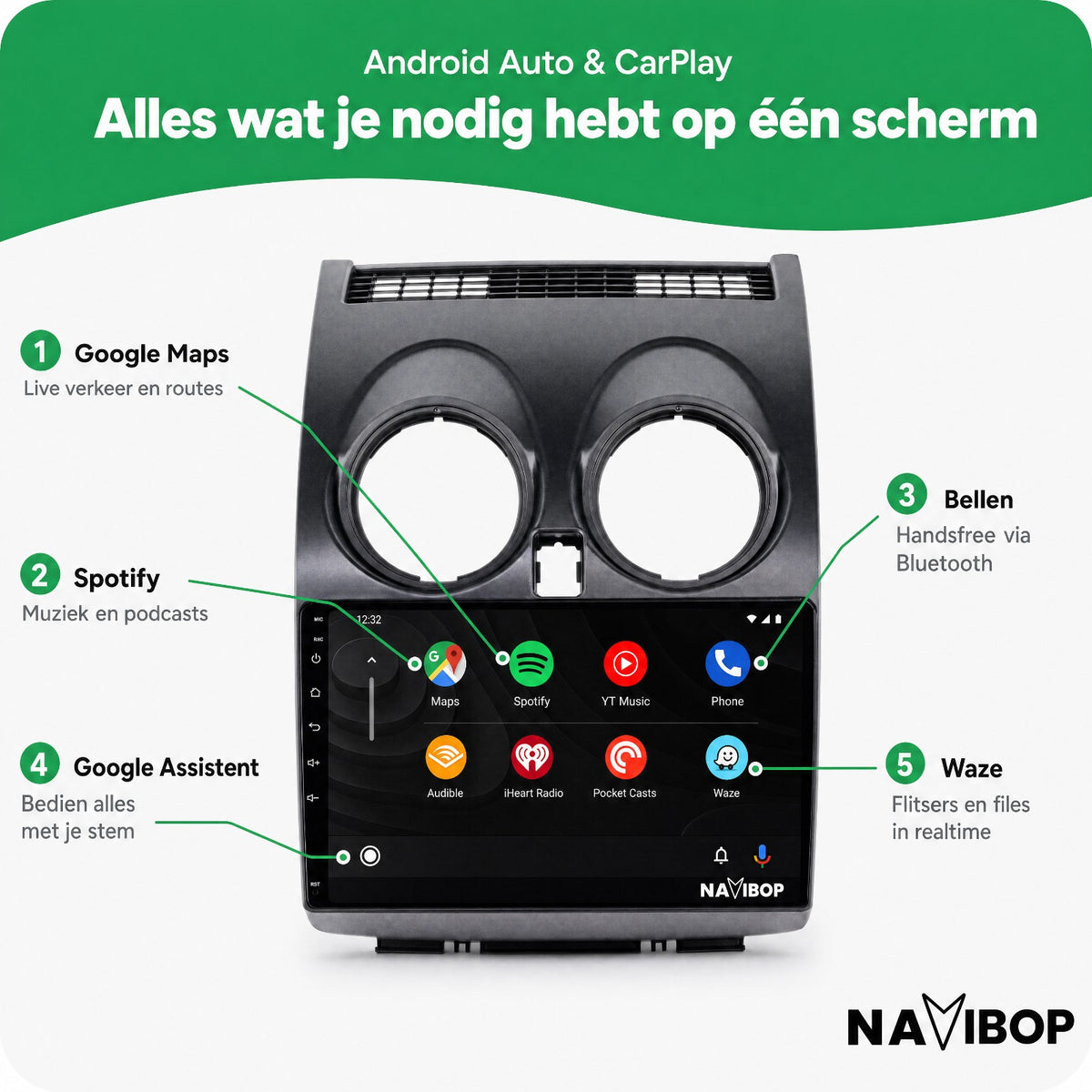 Nissan Qashqai | Autoradio | Draadloos CarPlay & Android Auto | Android 15 | 2006 t/m 2013