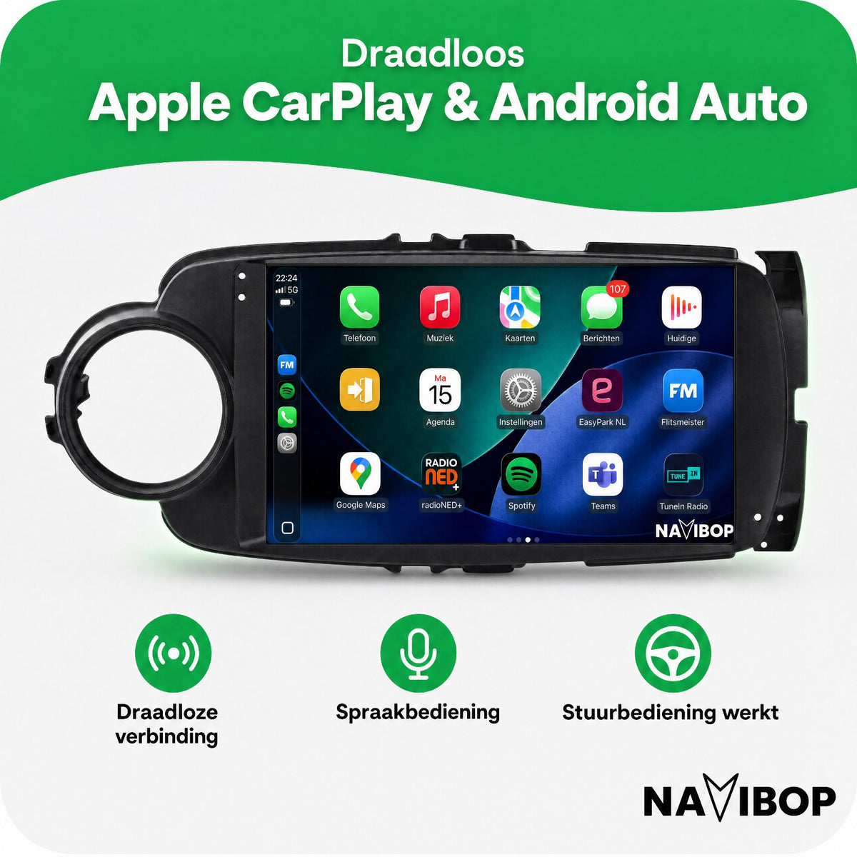 Toyota Yaris Zwart | Autoradio | Draadloos CarPlay & Android Auto | Android 15 | 2011 t/m 2016