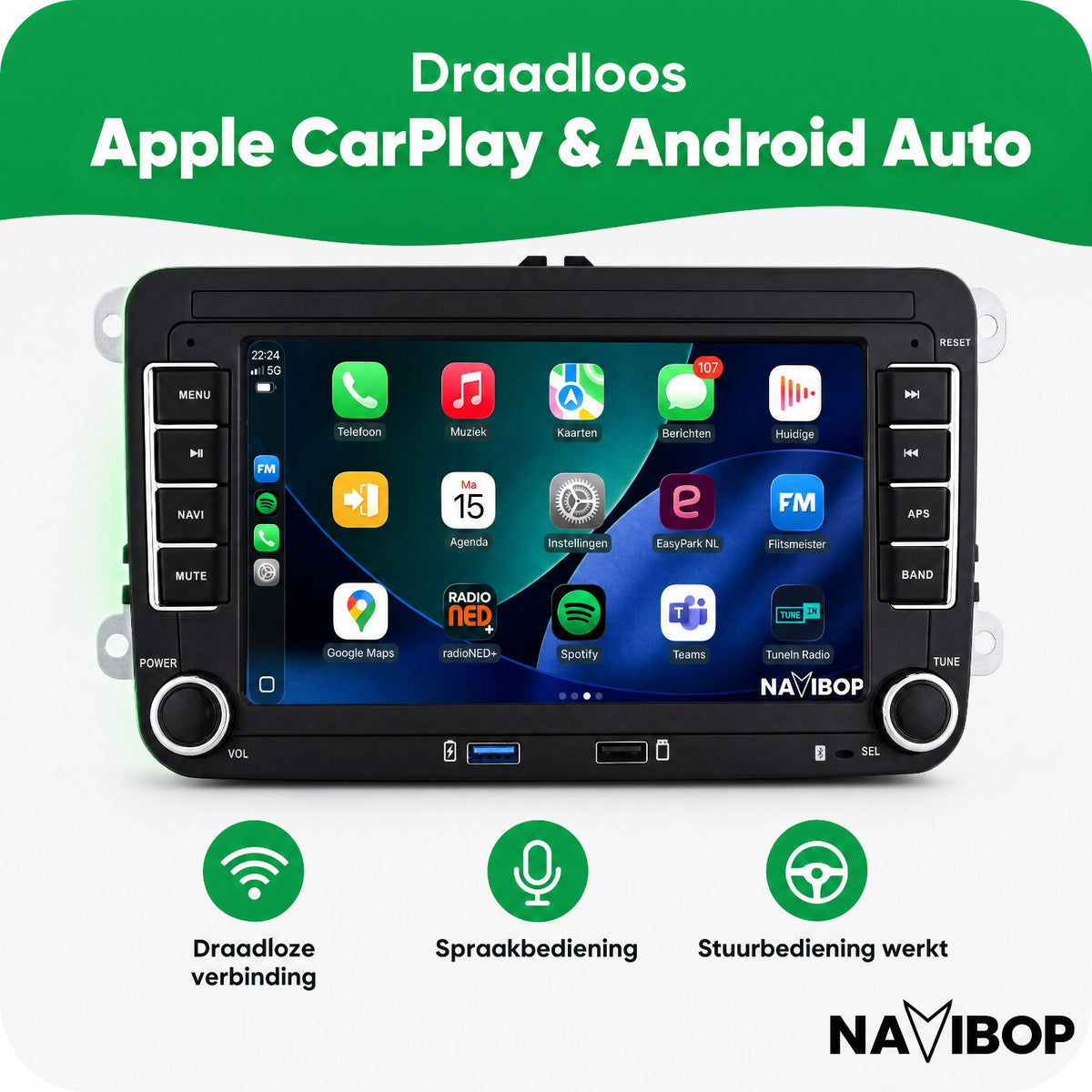 Volkswagen Seat Skoda met usb | Autoradio | Draadloos CarPlay & Android Auto | Android 15