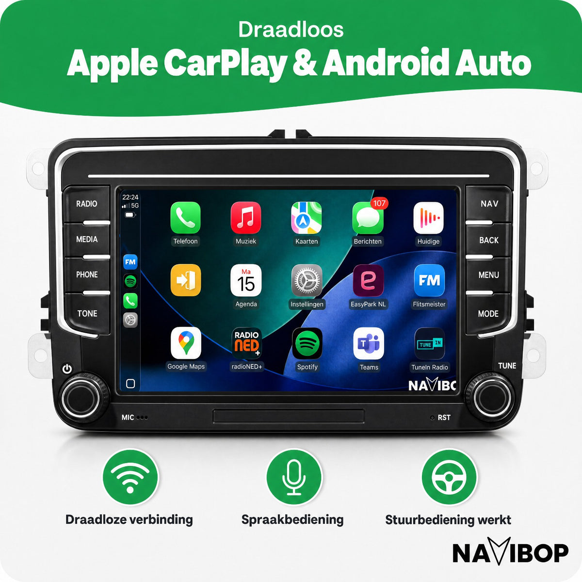 Volkswagen Seat Skoda universeel zonder USB | Autoradio | Draadloos CarPlay & Android Auto | Android 15