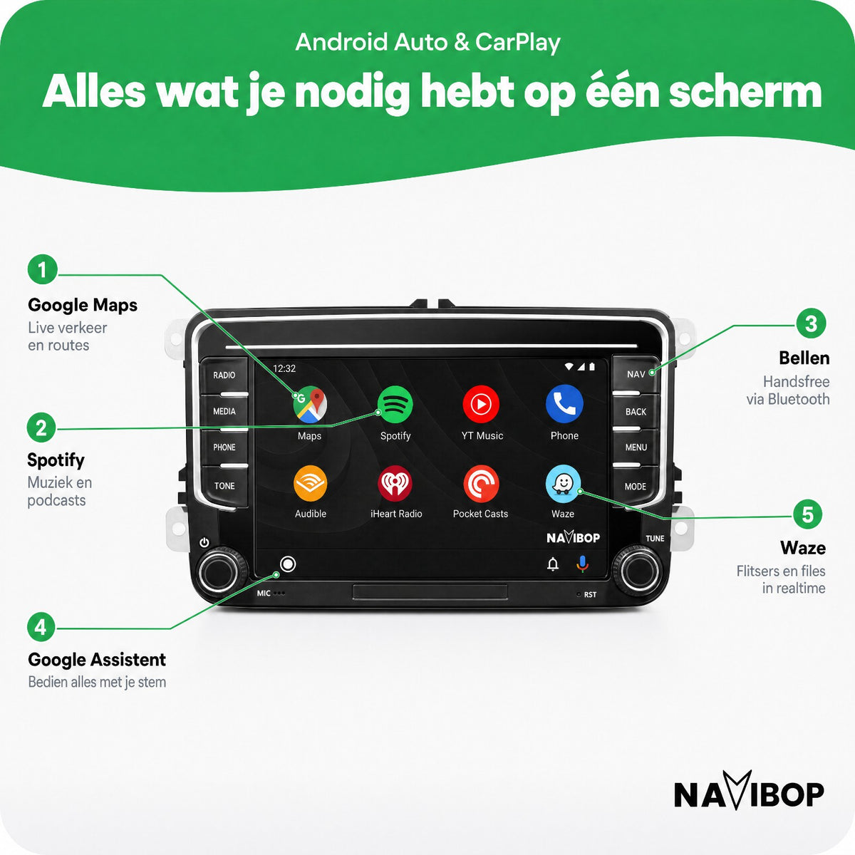 Volkswagen Seat Skoda universeel zonder USB | Autoradio | Draadloos CarPlay & Android Auto | Android 15