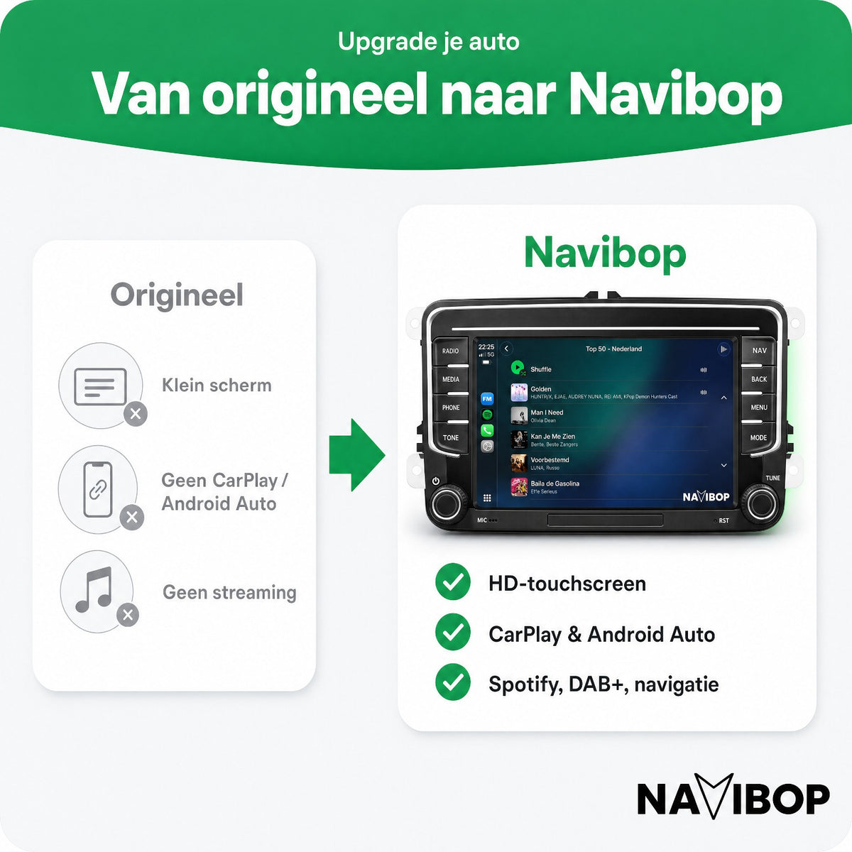 Volkswagen Seat Skoda universeel zonder USB | Autoradio | Draadloos CarPlay & Android Auto | Android 15