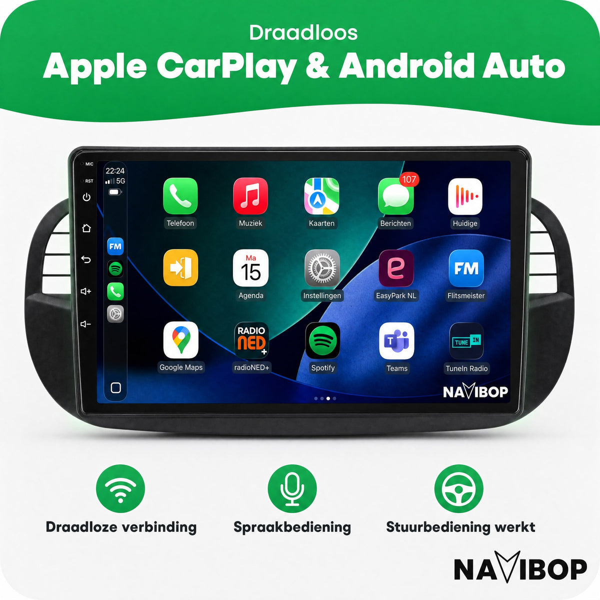 Abarth 500 Zwart | Autoradio | Draadloos CarPlay & Android Auto | Android 15 | 2005 t/m 2017