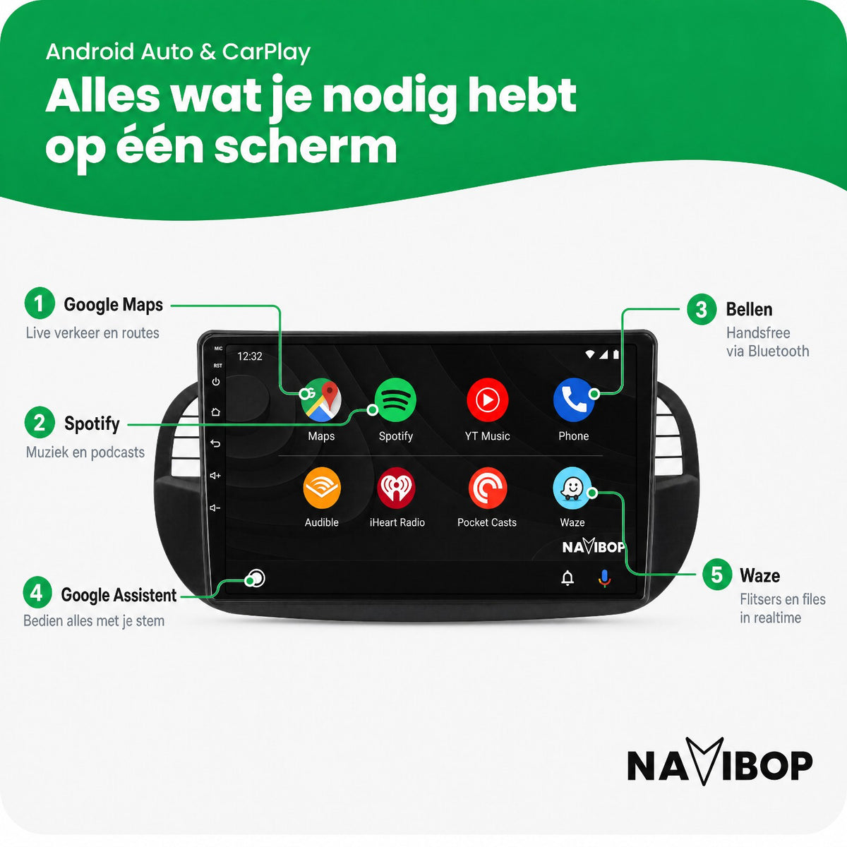 Fiat 500 Zwart | Autoradio | Draadloos CarPlay & Android Auto | Android 15 | 2005 t/m 2017