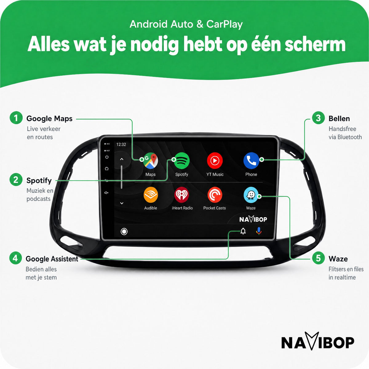Fiat Doblo 2014 | Autoradio | Draadloos CarPlay & Android Auto | Android 15