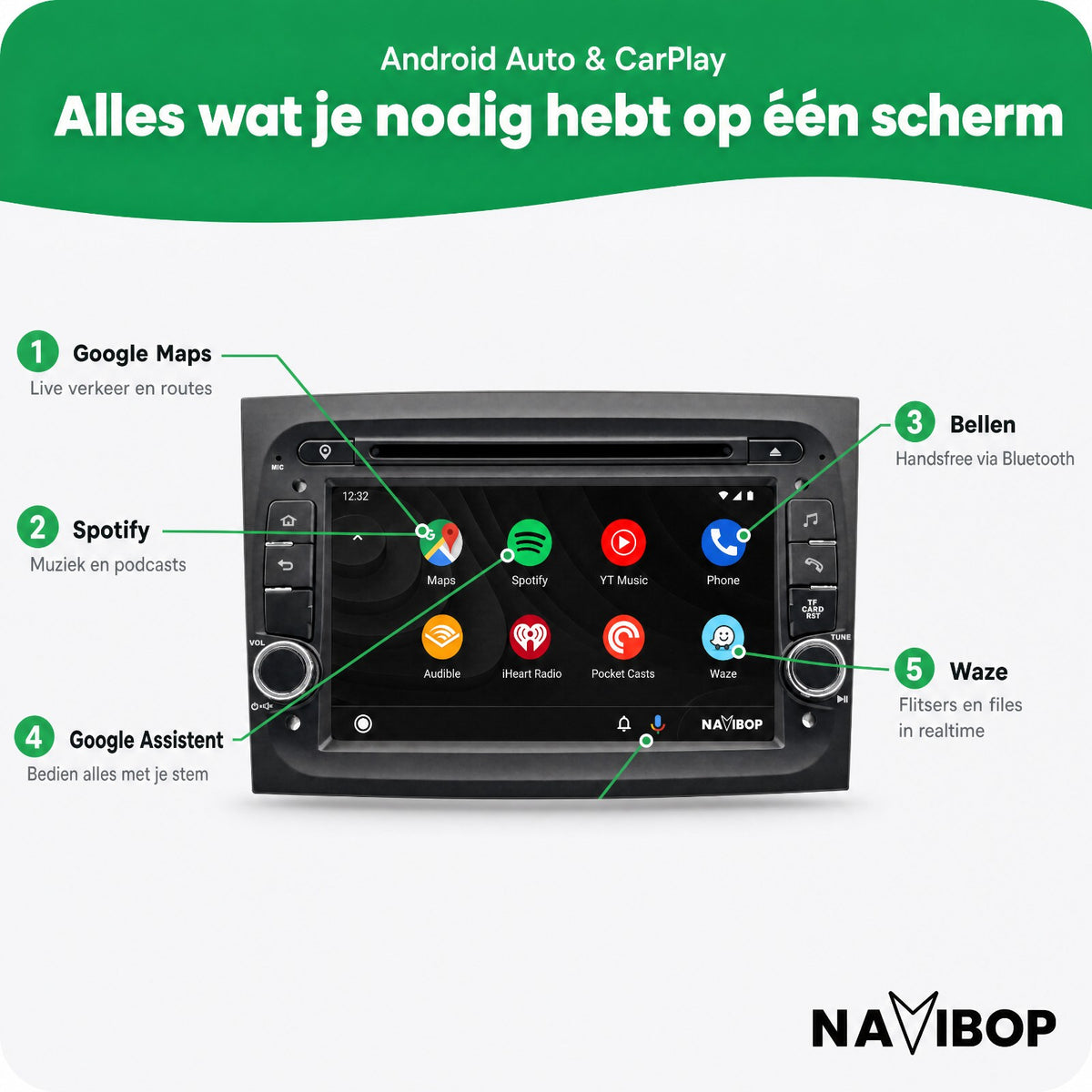Fiat Doblo | Autoradio | Draadloos CarPlay & Android Auto | Android 15 | 2015 t/m 2019