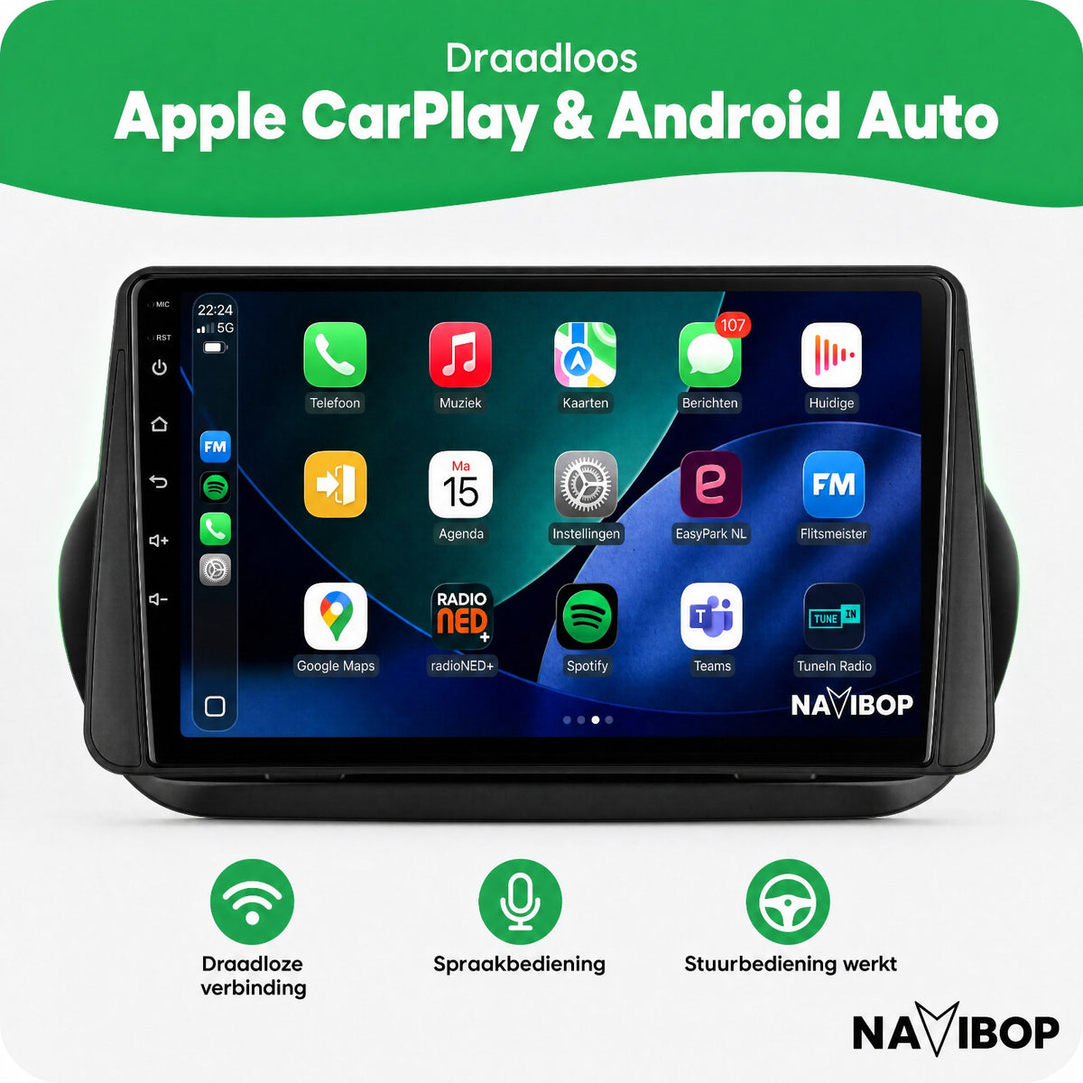 Fiat Fiorini Citroen Nemo Fiat Qubo Peugeot Bipper Peugeot Bipper Tepee | Autoradio | Draadloos CarPlay & Android Auto | Android 15 | 2008 t/m 2018