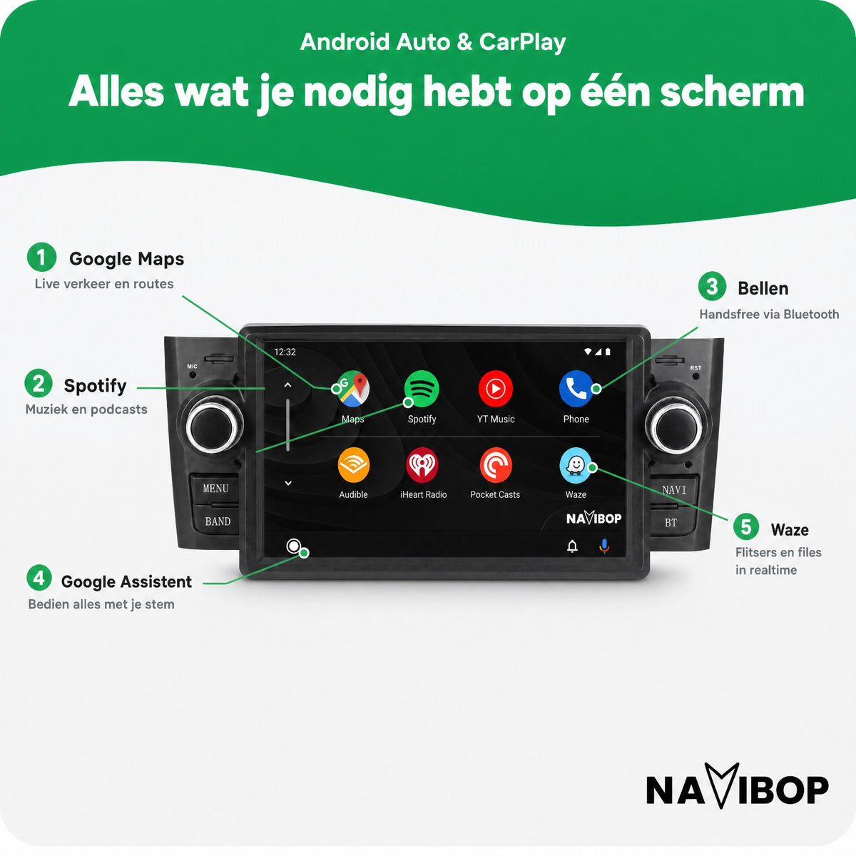 Fiat Punto Versie 1 | Autoradio | Draadloos CarPlay & Android Auto | Android 15 | 2007 t/m 2010