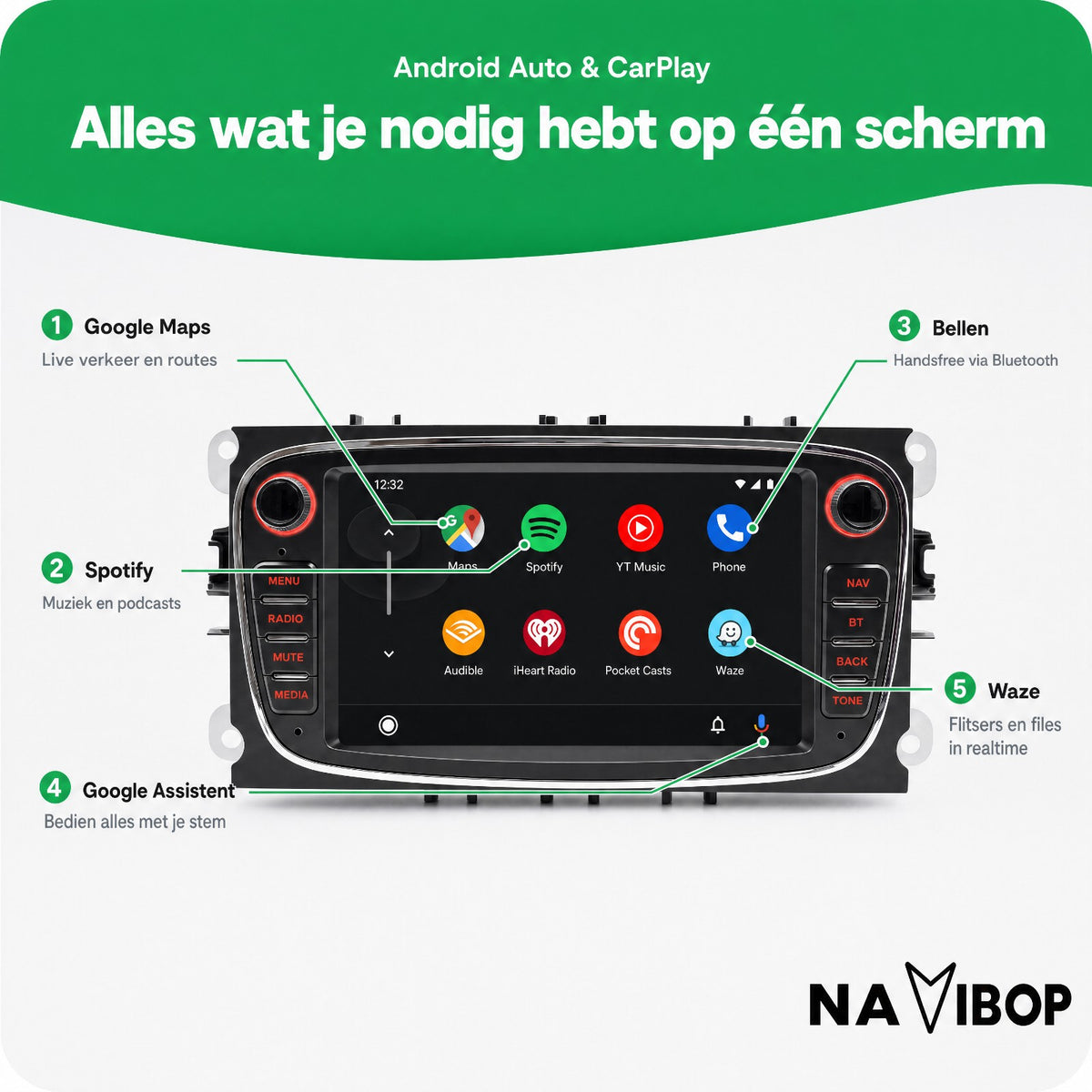 Ford C-Max Fiesta Fusion Zwart | Autoradio | Draadloos CarPlay & Android Auto | Android 15