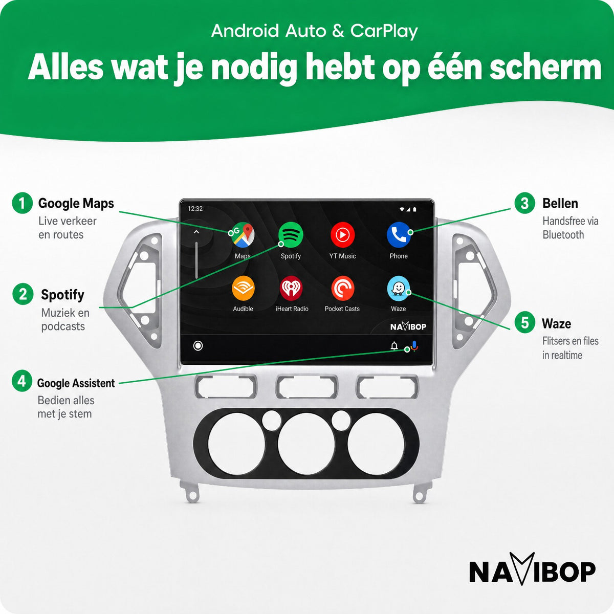 Ford Mondeo Zilver | Autoradio | Draadloos CarPlay & Android Auto | Android 15 | 2007 t/m 2010
