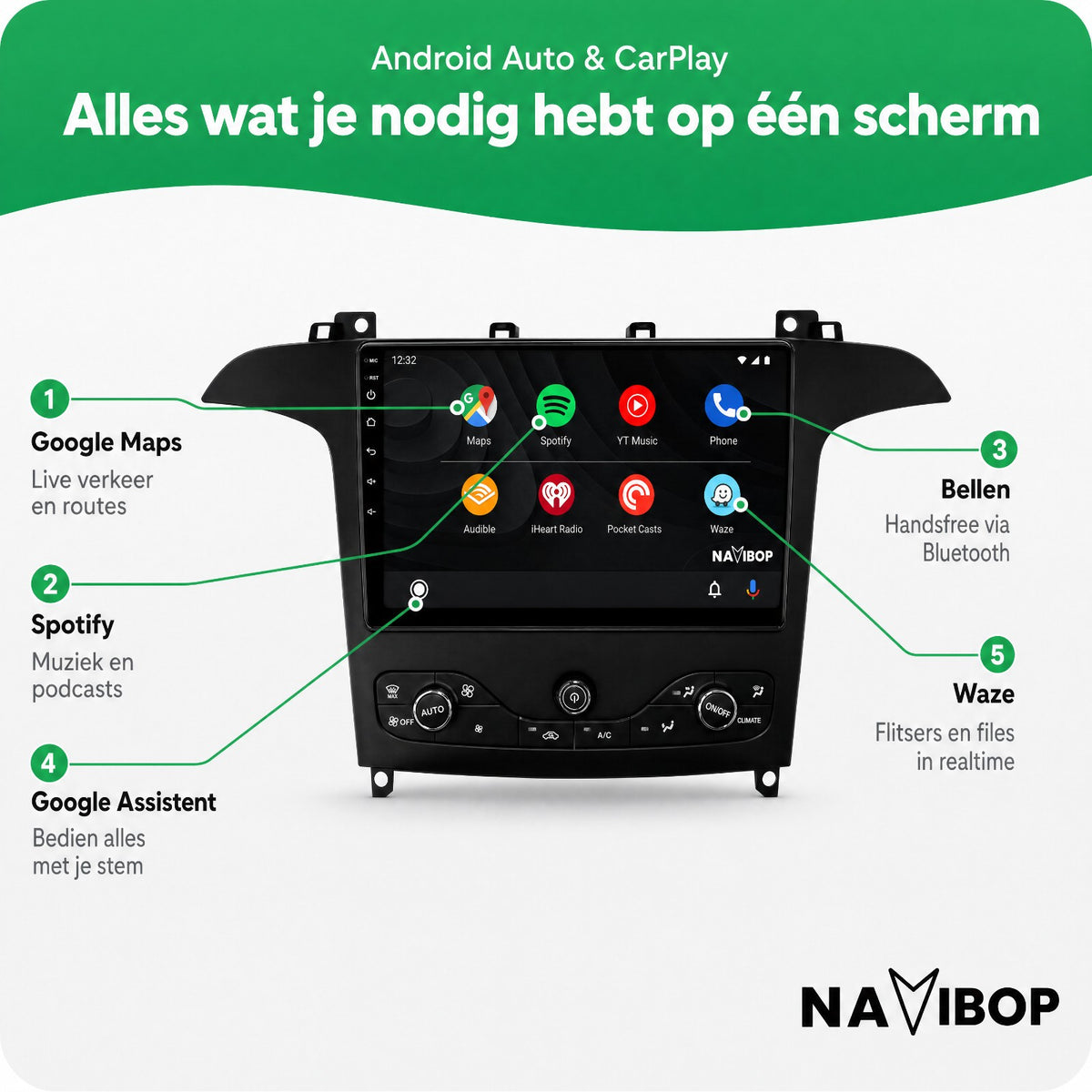 Ford S-max (Incl. aircopaneel) | Autoradio | Draadloos CarPlay & Android Auto | Android 15 | 2009 t/m 2015