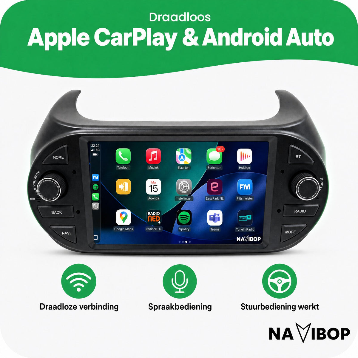 Fiat Qubo Fiorini Citroen Nemo | Autoradio | Draadloos CarPlay & Android Auto | Android 15