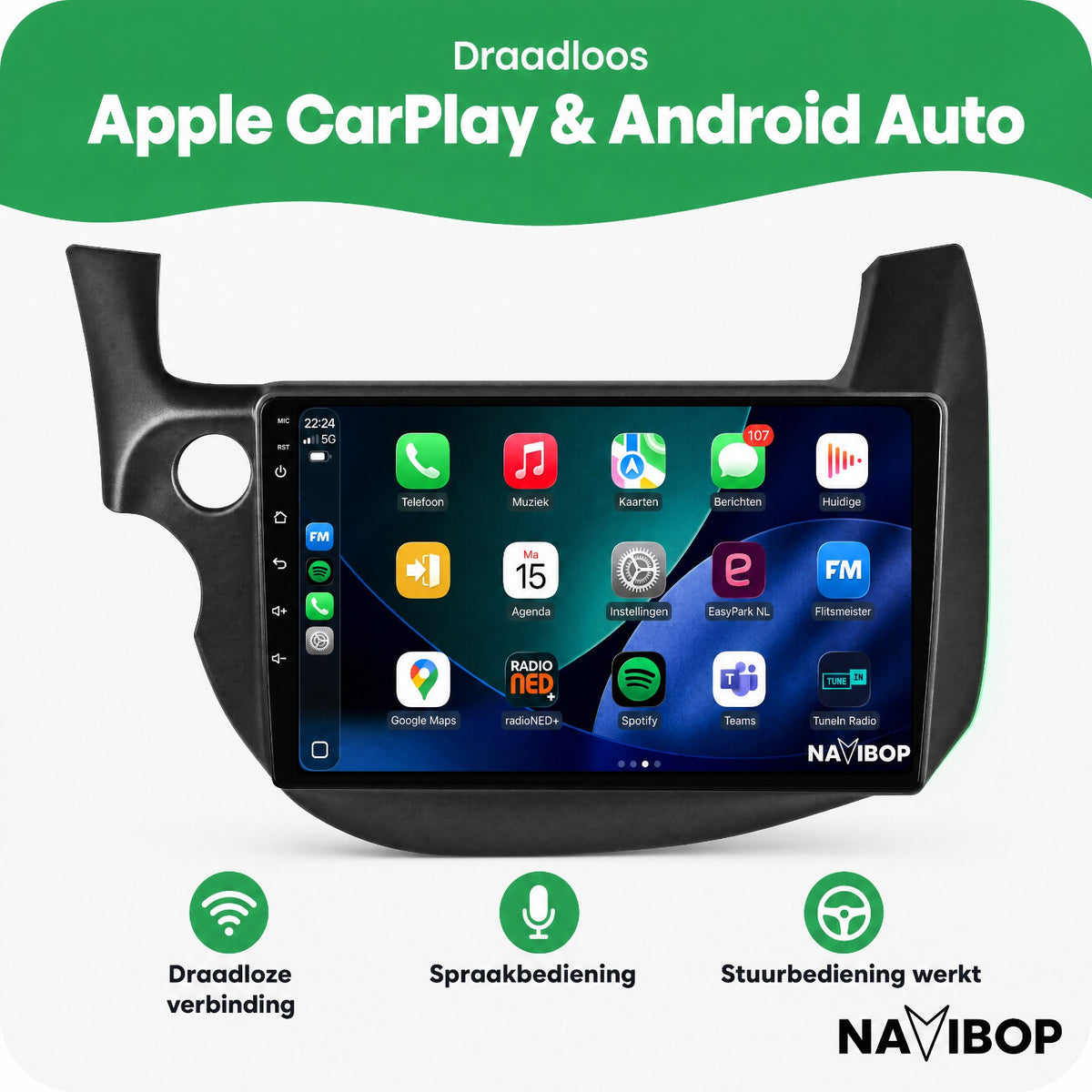 Honda Jazz Fit Zwart | Autoradio | Draadloos CarPlay & Android Auto | Android 15 | 2007 t/m 2015