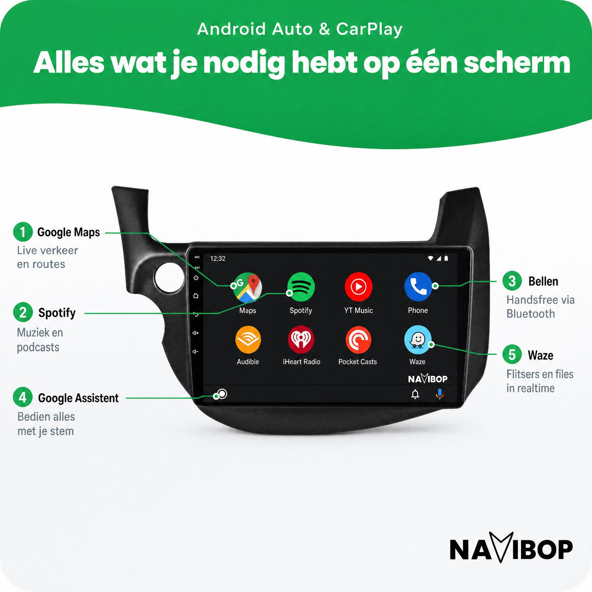 Honda Jazz Fit Zwart | Autoradio | Draadloos CarPlay & Android Auto | Android 15 | 2007 t/m 2015