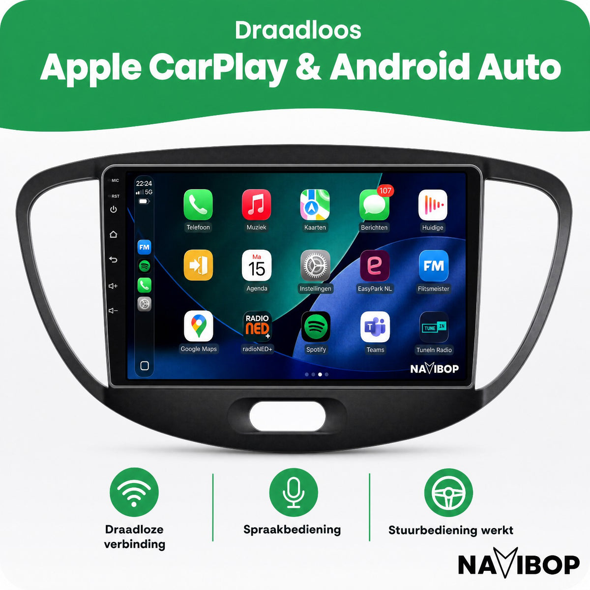 Hyundai I10 | Autoradio | Draadloos CarPlay & Android Auto | Android 15 | 2007 t/m 2013