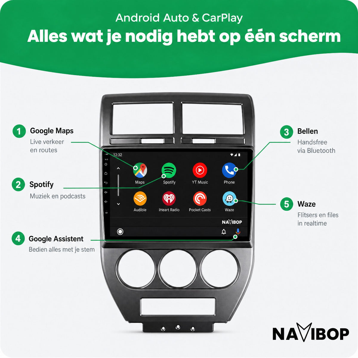 Jeep Compass Donker Grijs | Autoradio | Draadloos CarPlay & Android Auto | Android 15 | 2006 t/m 2010