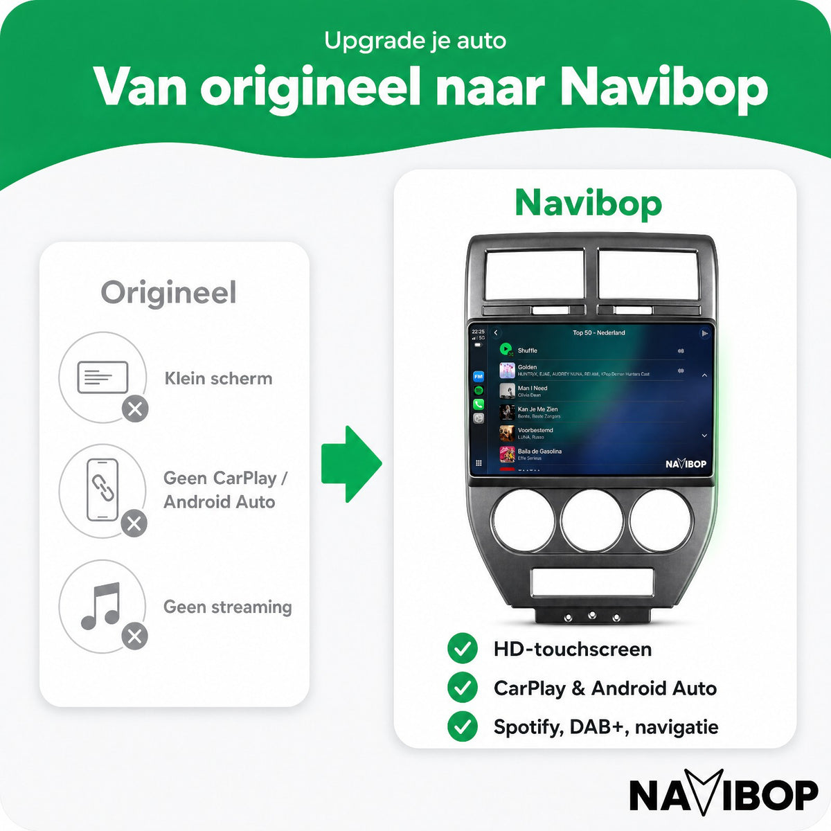 Jeep Compass Donker Grijs | Autoradio | Draadloos CarPlay & Android Auto | Android 15 | 2006 t/m 2010