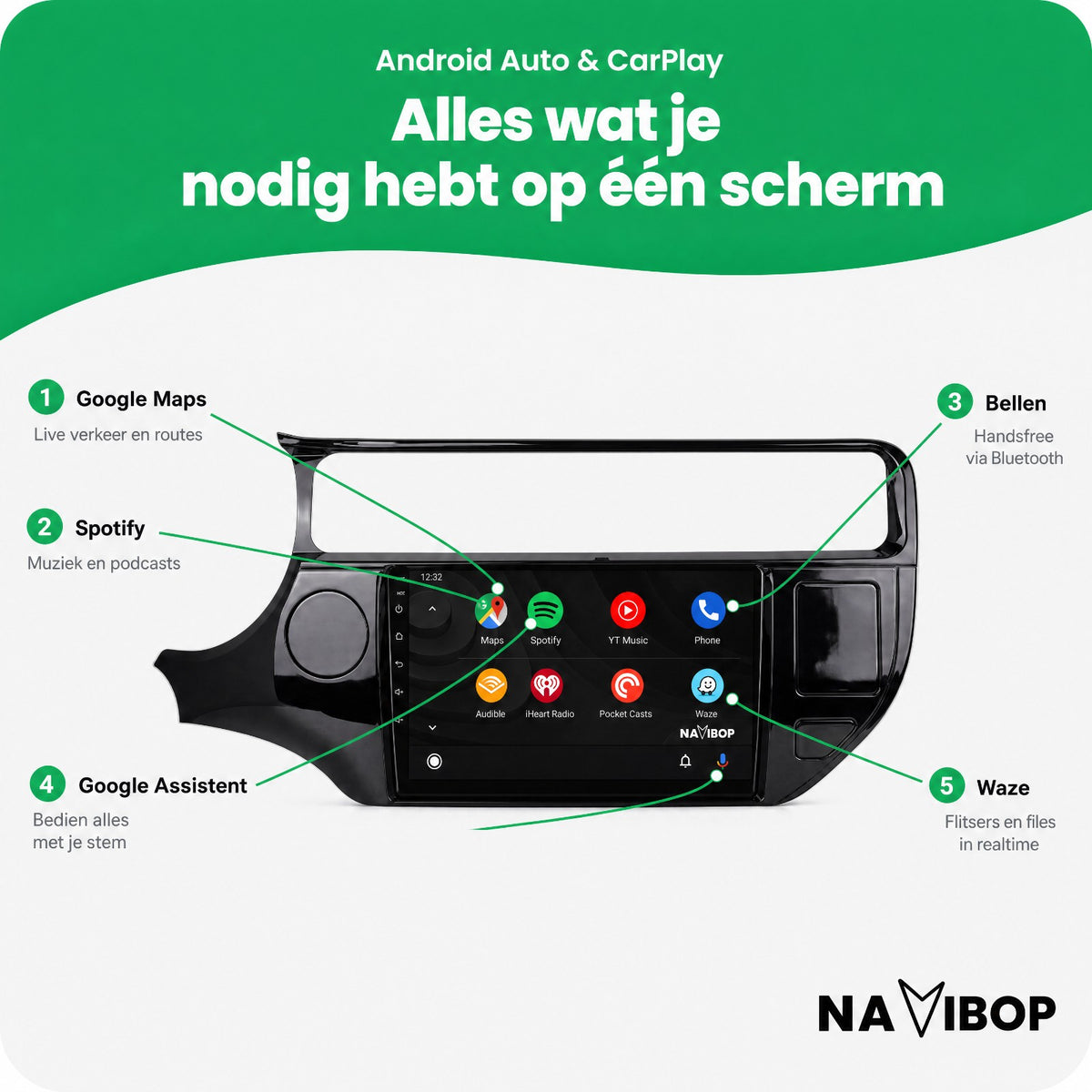 Kia Rio (zonder gevarenlicht) | Autoradio | Draadloos CarPlay & Android Auto | Android 15 | 2015 t/m 2018