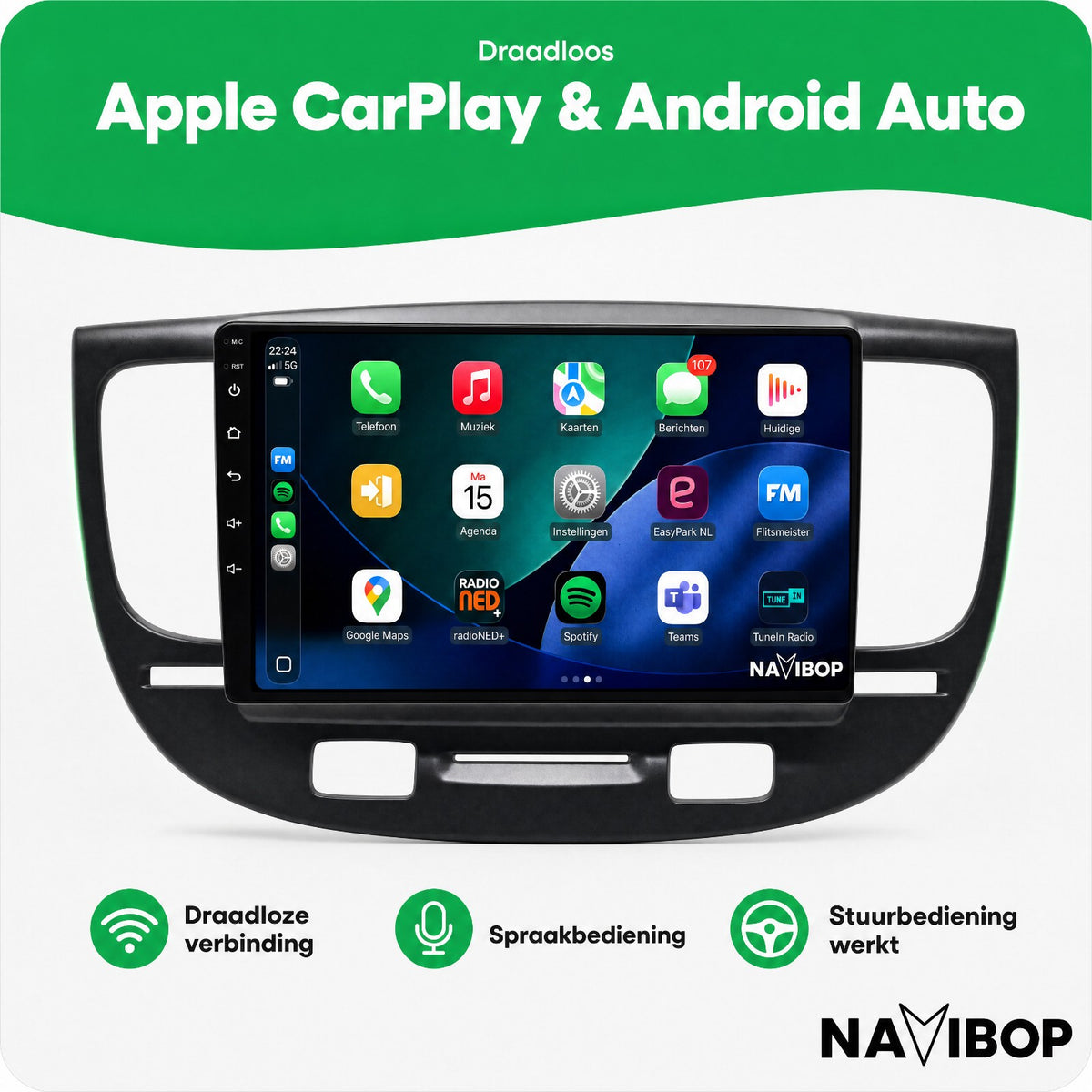 Kia Rio Zwart | Autoradio | Draadloos CarPlay & Android Auto | Android 15 | 2005 t/m 2011