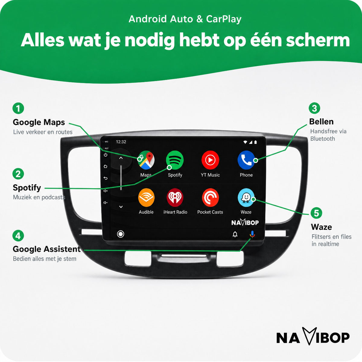 Kia Rio Zwart | Autoradio | Draadloos CarPlay & Android Auto | Android 15 | 2005 t/m 2011