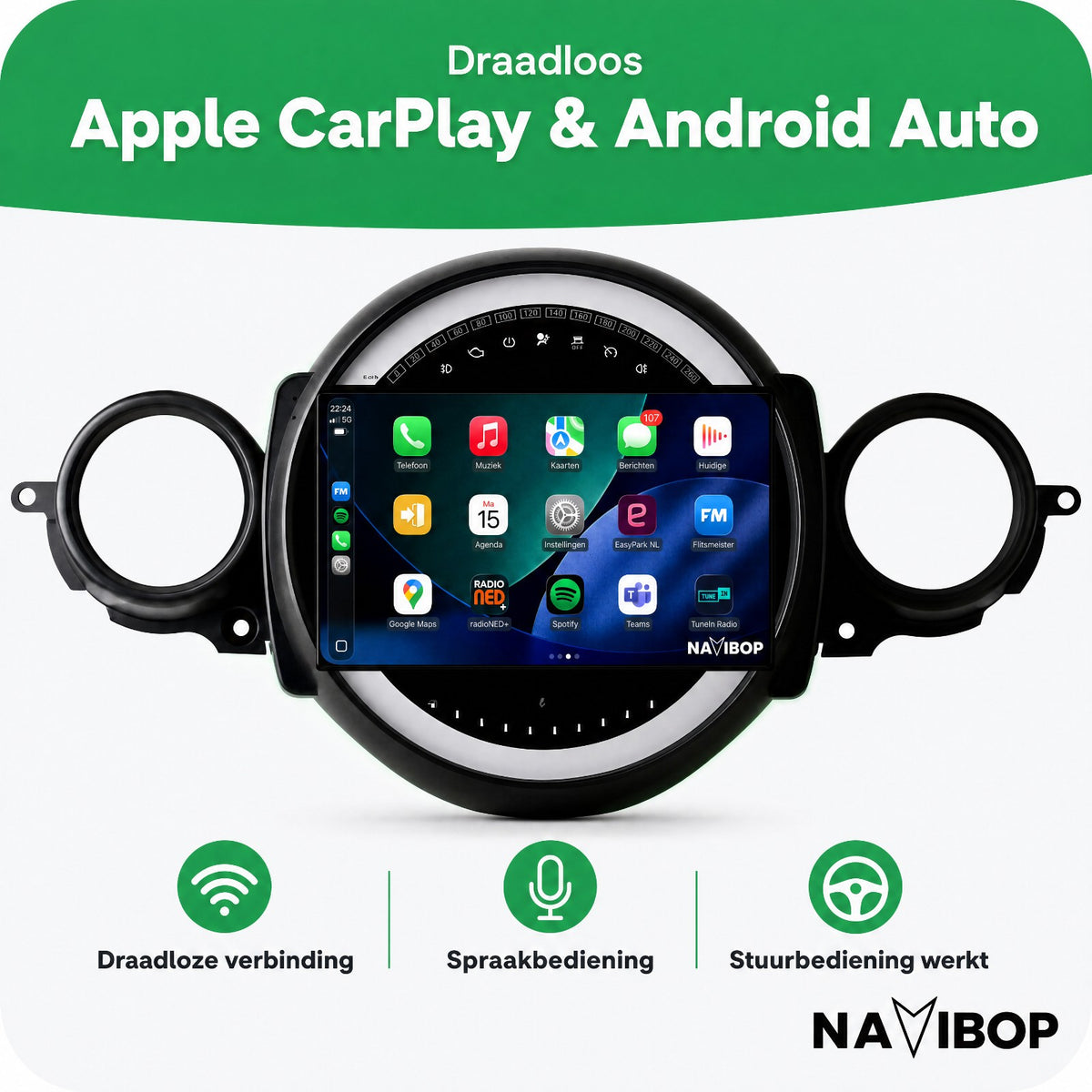 MINI Cooper Flaporen Midden R56 R60 | Autoradio | Draadloos CarPlay & Android Auto | Android 15 | 2006 t/m 2017
