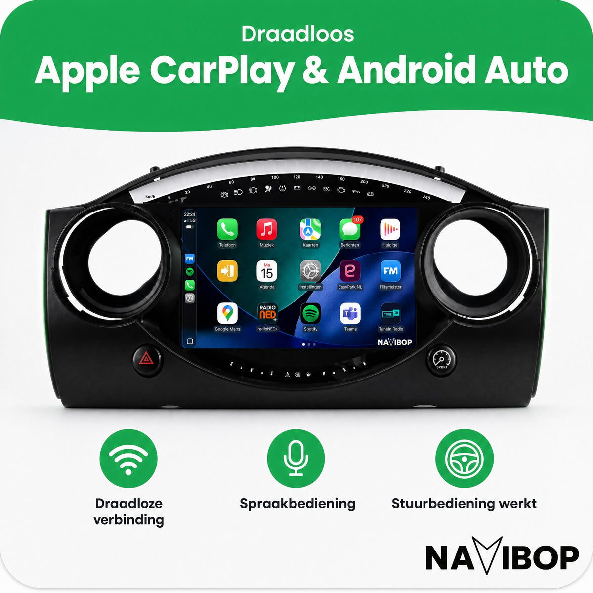 MINI Cooper R53 R52 R50 | Autoradio | Draadloos CarPlay & Android Auto | Android 15 | 2000 t/m 2007