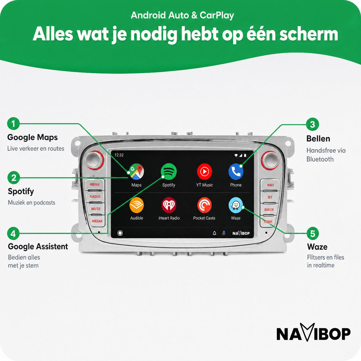 Ford C-Max Fiesta Fusion Zilver | Autoradio | Draadloos CarPlay & Android Auto | Android 15