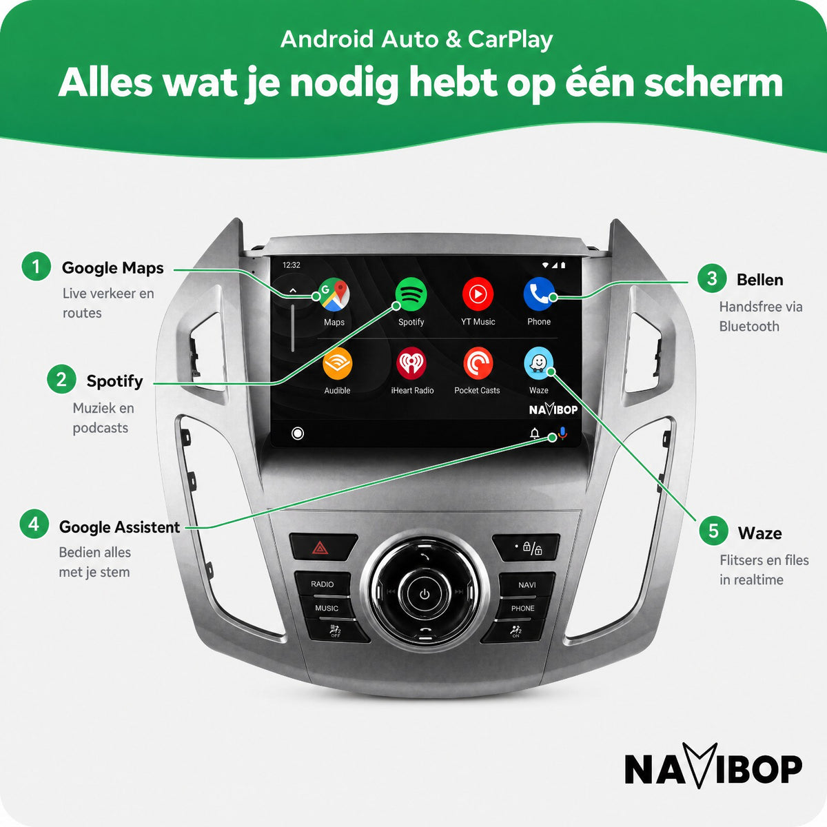 Ford Transit Custom Transit Tourneo | Autoradio | Draadloos CarPlay & Android Auto | Android 15 | 2013 t/m 2018