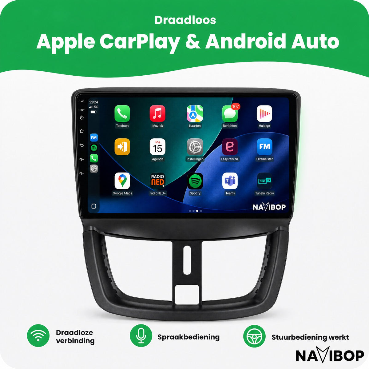 Peugeot 207 206+ | Autoradio | Draadloos CarPlay & Android Auto | Android 15 | 2006 t/m 2014