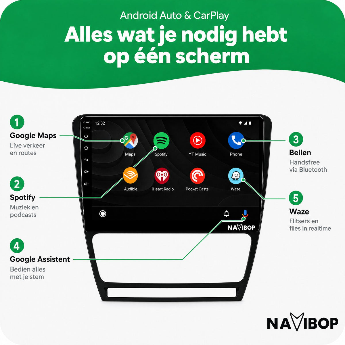 Škoda Octavia | Autoradio | Draadloos CarPlay & Android Auto | Android 15 | 2007 t/m 2013