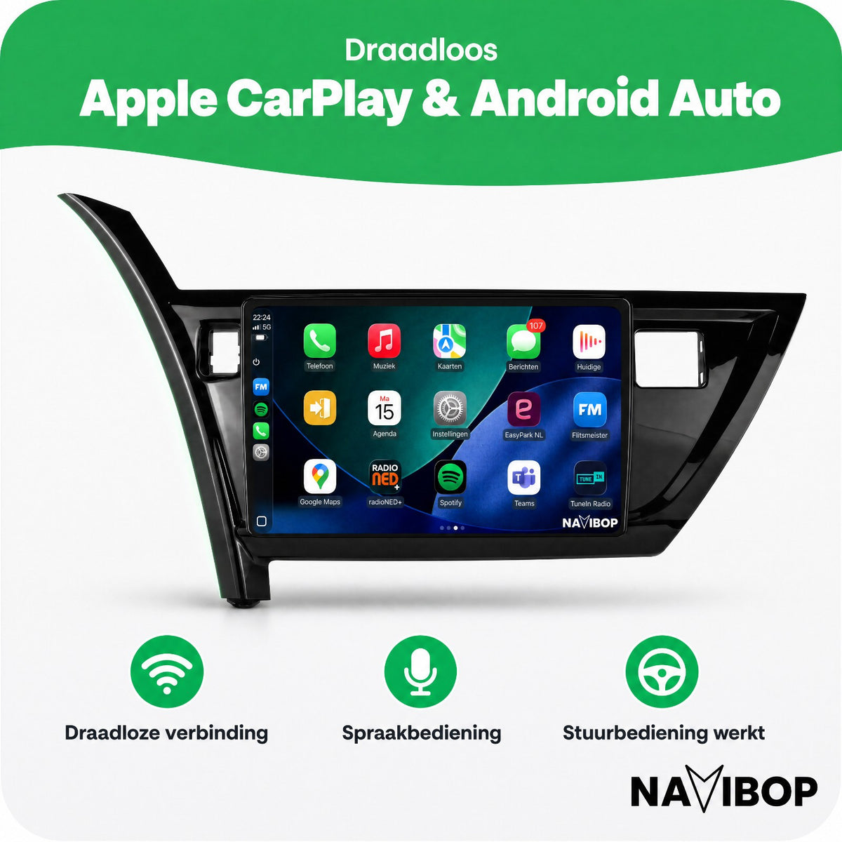 Toyota Auris (VIERKANT GEVARENLICHT) | Autoradio | Draadloos CarPlay & Android Auto | Android 15 | 2013 t/m 2016