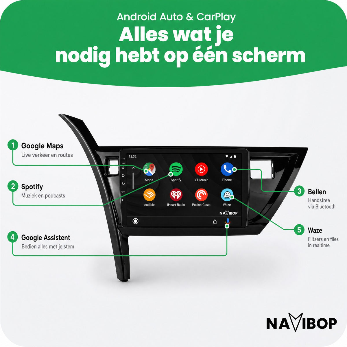 Toyota Auris (VIERKANT GEVARENLICHT) | Autoradio | Draadloos CarPlay & Android Auto | Android 15 | 2013 t/m 2016