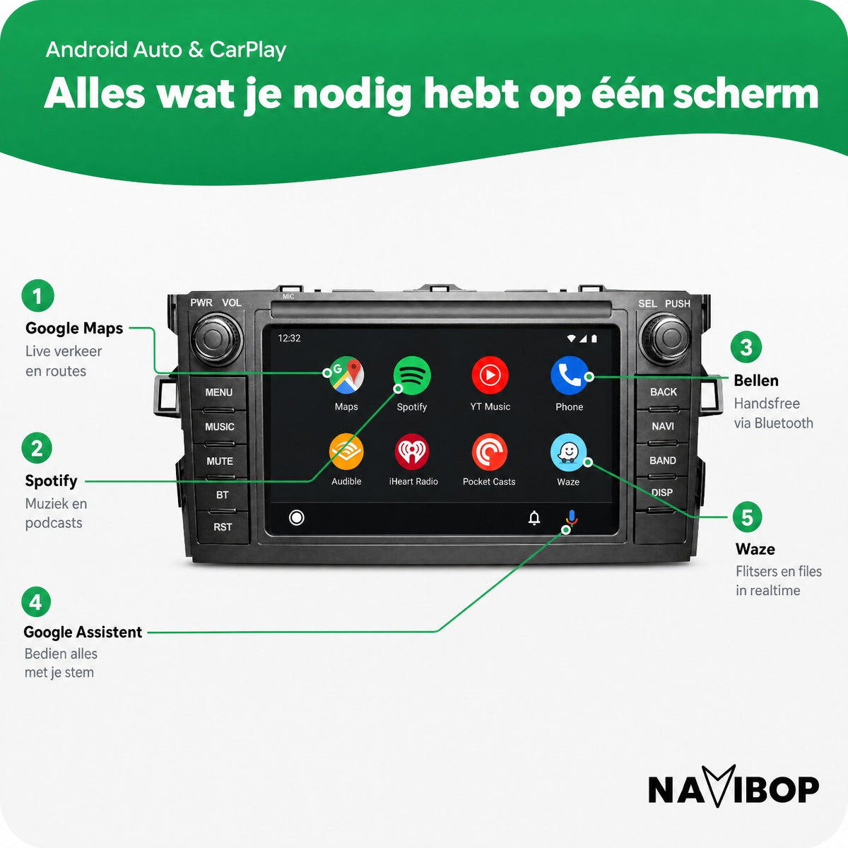 Toyota Auris | Autoradio | Draadloos CarPlay & Android Auto | Android 15 | 2007 t/m 2012