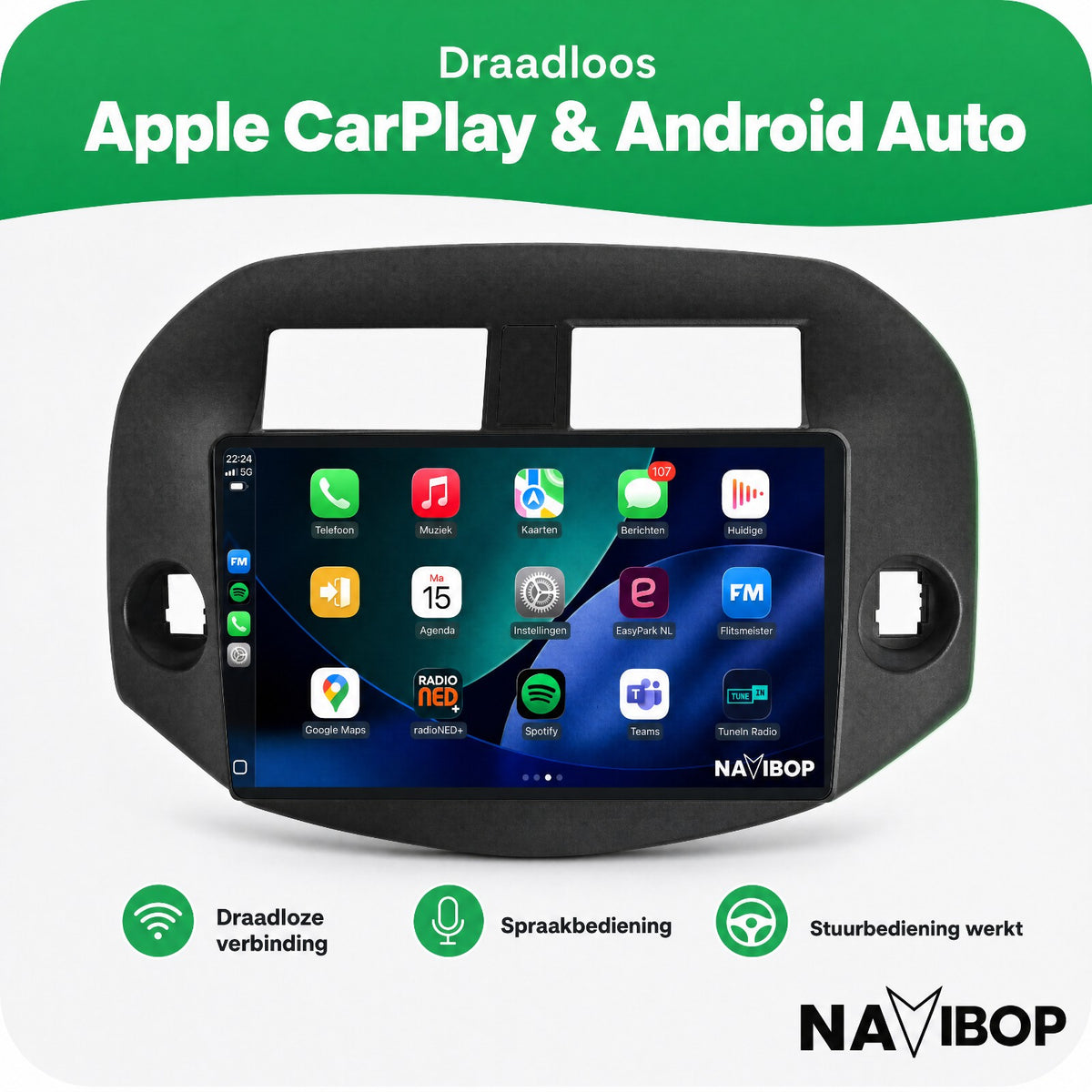 Toyota RAV-4 Zwart | Autoradio | Draadloos CarPlay & Android Auto | Android 15 | 2005 t/m 2013