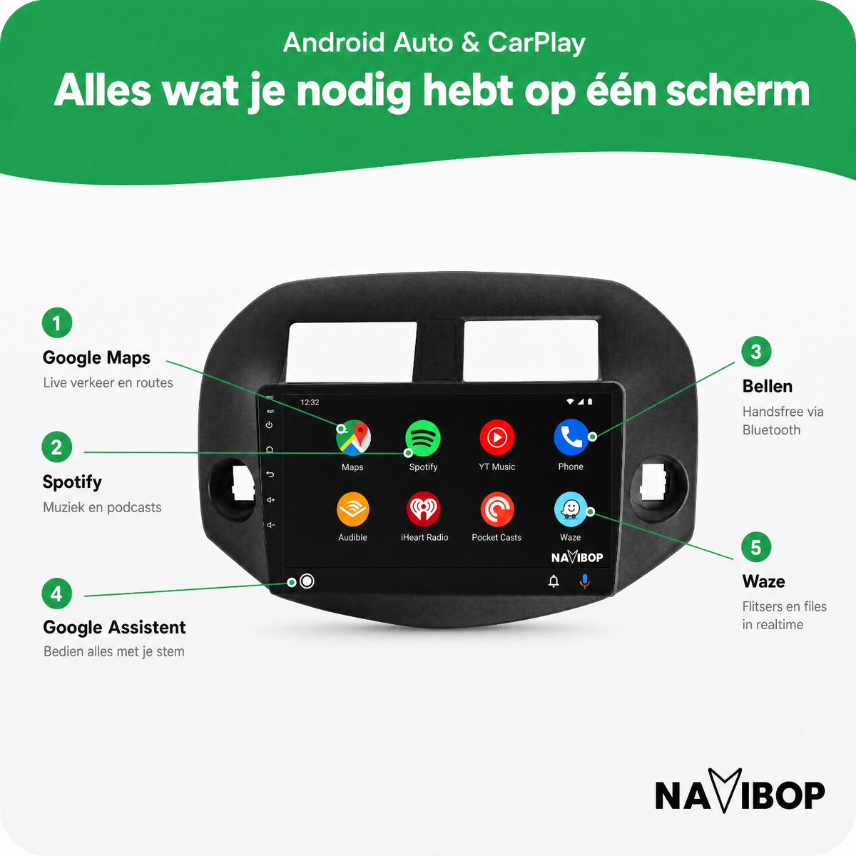 Toyota RAV-4 Zwart | Autoradio | Draadloos CarPlay & Android Auto | Android 15 | 2005 t/m 2013
