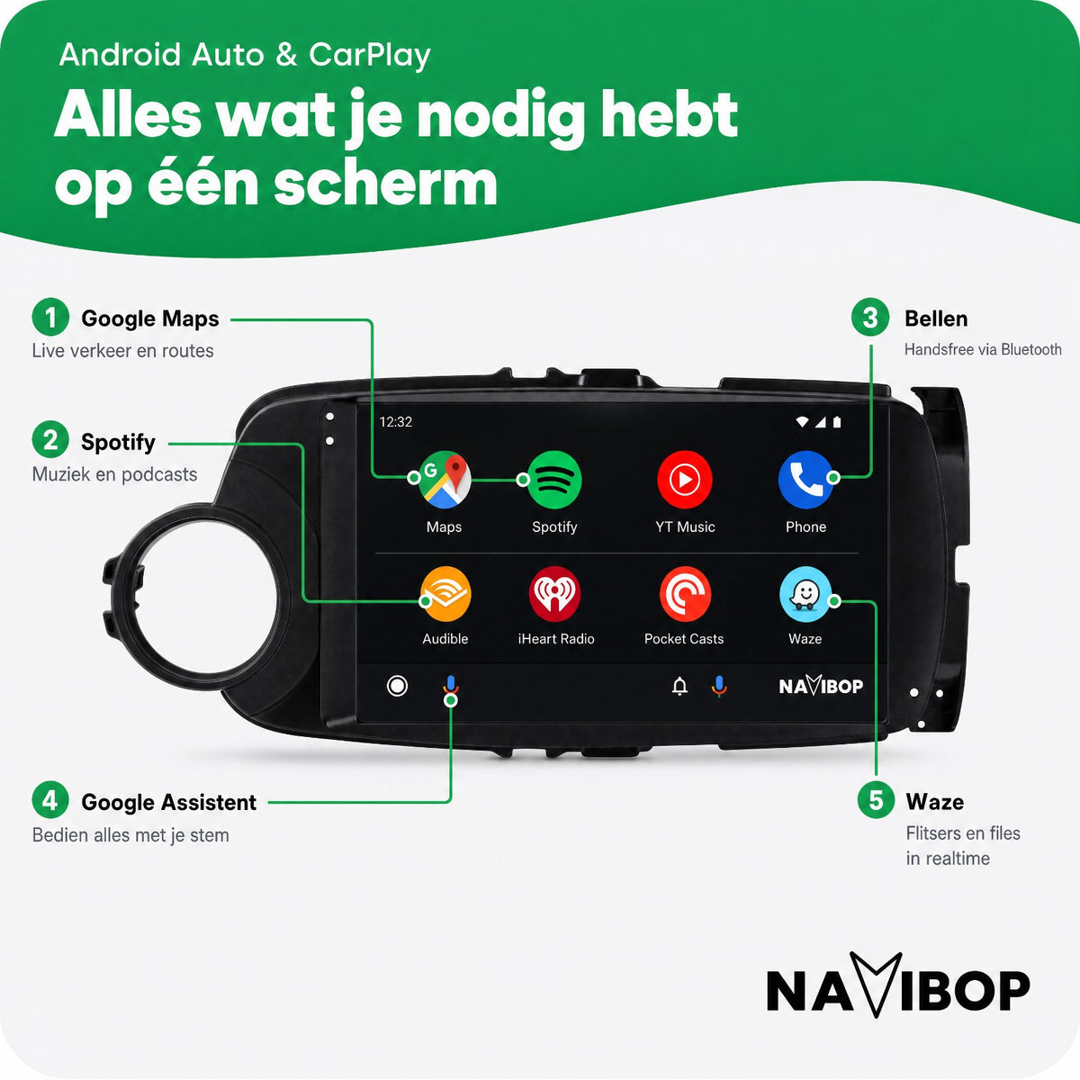 Toyota Yaris Zwart | Autoradio | Draadloos CarPlay & Android Auto | Android 15 | 2011 t/m 2016