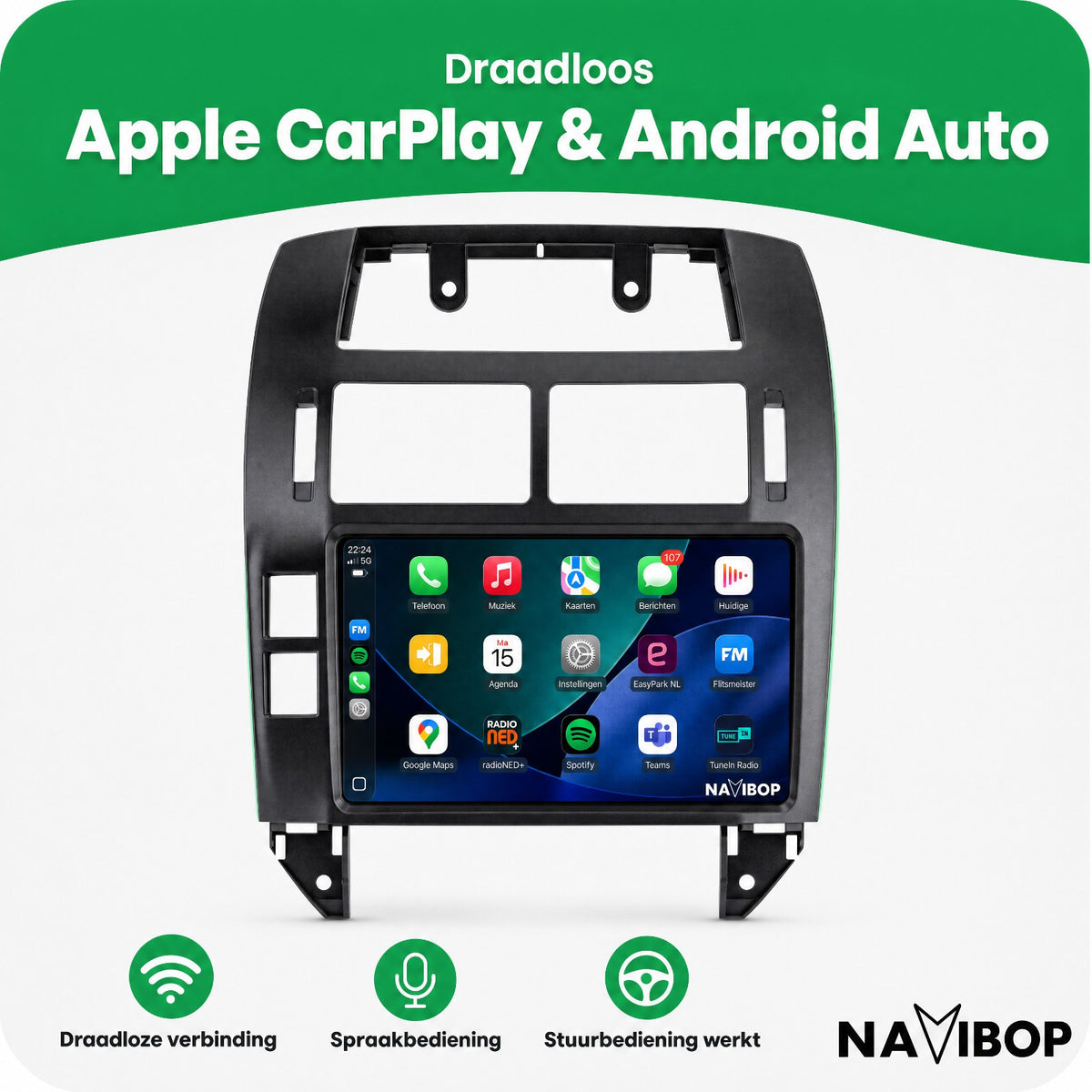Volkswagen Polo Zwart | Autoradio | Draadloos CarPlay & Android Auto | Android 15 | 2002 t/m 2009