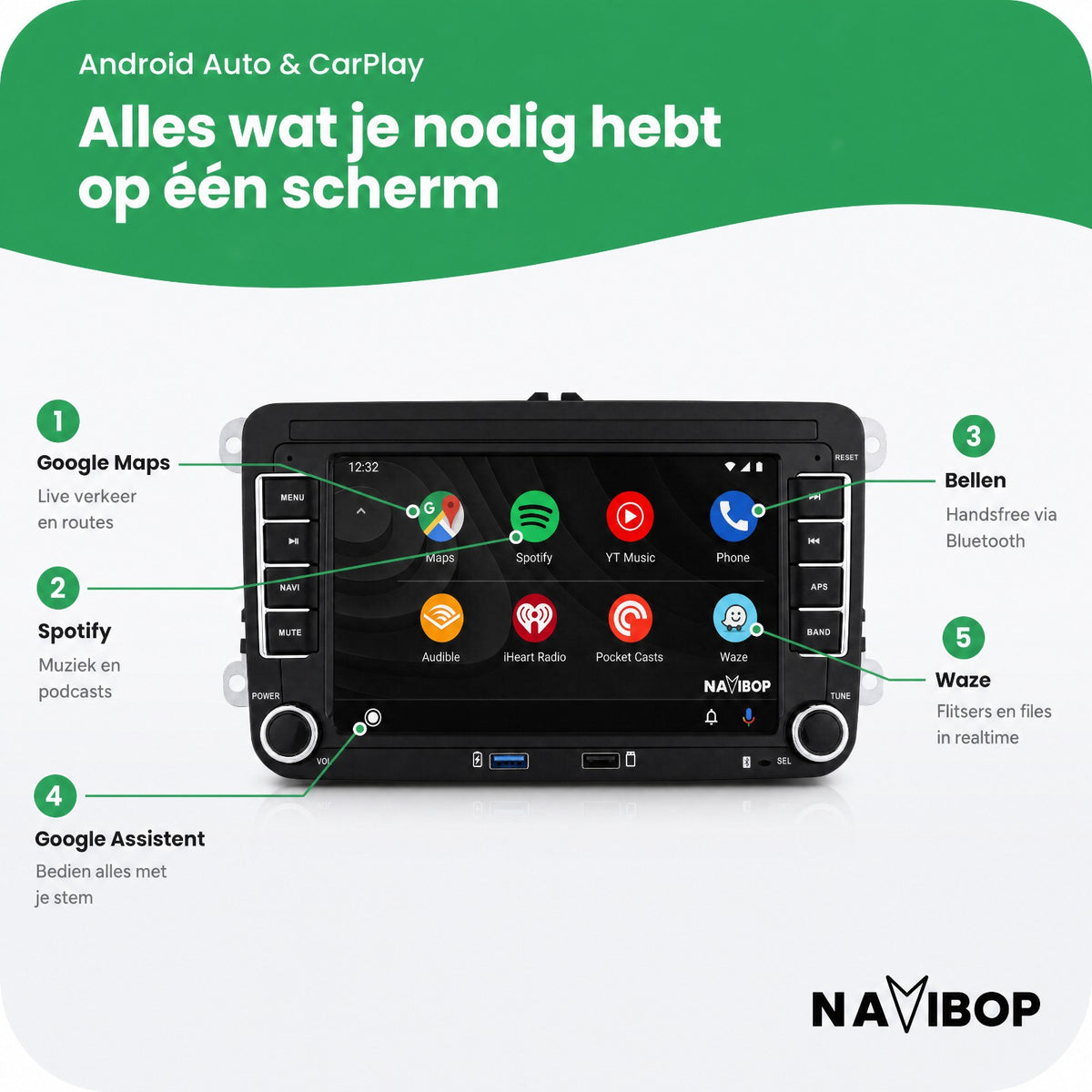 Volkswagen Seat Skoda met usb | Autoradio | Draadloos CarPlay & Android Auto | Android 15